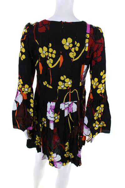 Marni Womens Floral Print Pleated V-Neck Long Sleeve Dress Black Size 40 S