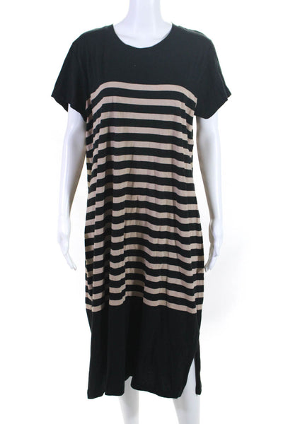 J Crew Womens Cotton Striped Print Split Hem T-Shirt Dress Black Beige Size 2XL