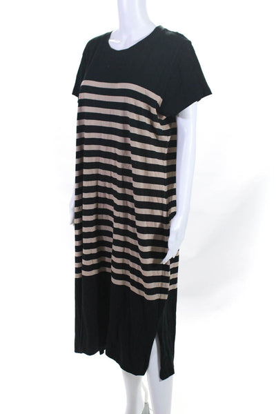 J Crew Womens Cotton Striped Print Split Hem T-Shirt Dress Black Beige Size 2XL