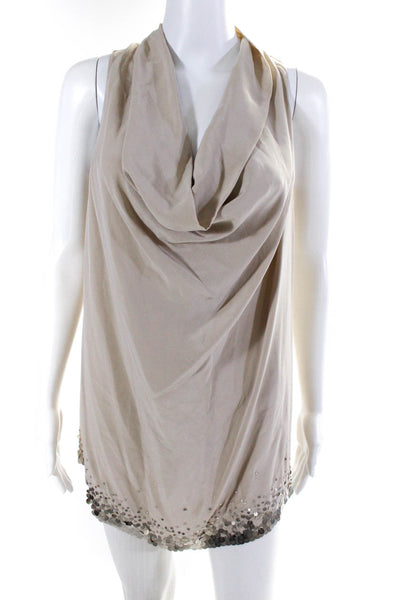 Eileen Fisher Womens Embroidered Sequin Hem Cowl Neck A-Line Dress Beige Size S