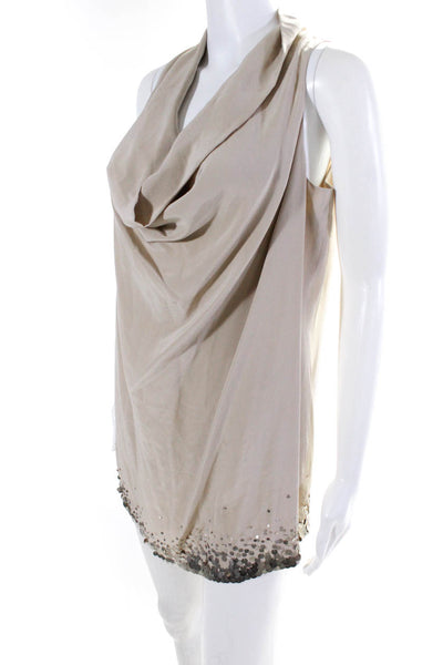 Eileen Fisher Womens Embroidered Sequin Hem Cowl Neck A-Line Dress Beige Size S