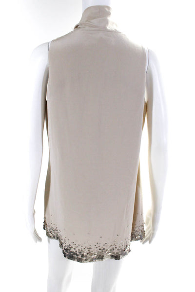 Eileen Fisher Womens Embroidered Sequin Hem Cowl Neck A-Line Dress Beige Size S