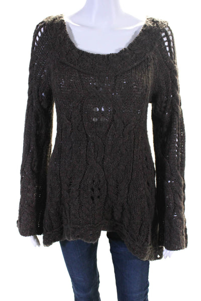 Free People Womens Long Sleeve Open Knit Scoop Neck Sweater Brown Size Small