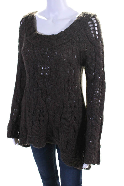 Free People Womens Long Sleeve Open Knit Scoop Neck Sweater Brown Size Small