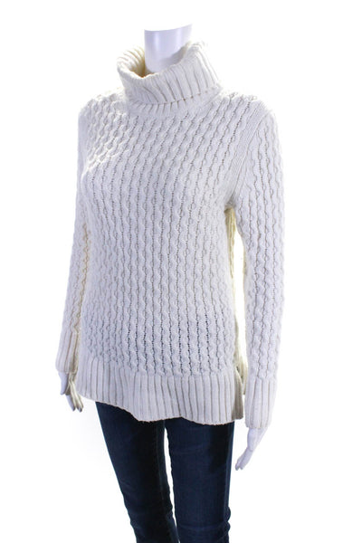 J Crew Womens Pullover Cable Knit Turtleneck Sweatshirt White Cotton Size Small