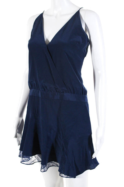 Michelle Mason Womens Silk V-Neck Spaghetti Strap Lace Hem Mini Dress Blue Size4