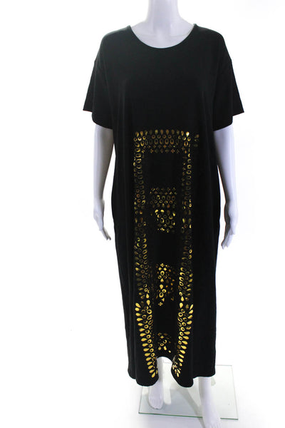 Starstyling Womens Metallic Foil Print Short Sleeve Shift Dress Black Gold Small