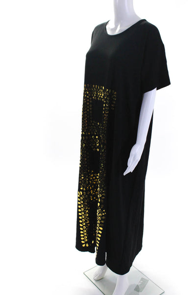 Starstyling Womens Metallic Foil Print Short Sleeve Shift Dress Black Gold Small