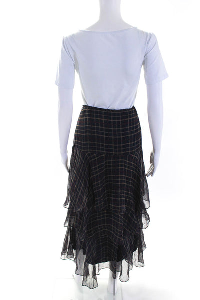 Brooks Brothers Womens Midi Length Tiered Check Chiffon Skirt Navy Blue Size XL
