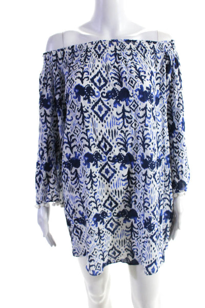 Lily Pulitzer Womens Abstract Print Pom Trim Off the Shoulder Dress Blue Size S