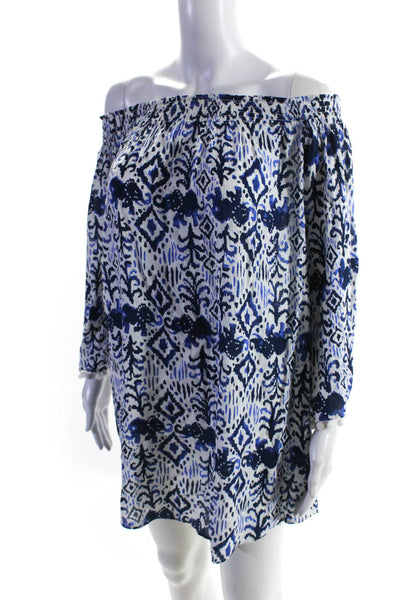 Lily Pulitzer Womens Abstract Print Pom Trim Off the Shoulder Dress Blue Size S