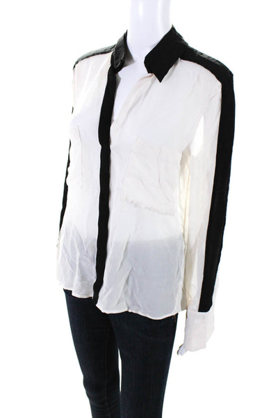 BCBGMAXAZRIA Womens Long Sleeve Contrast Silk Shirt White Black Size Medium