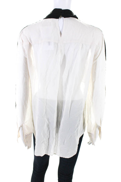 BCBGMAXAZRIA Womens Long Sleeve Contrast Silk Shirt White Black Size Medium