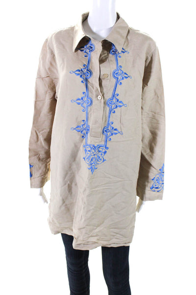 Linea by Louis Dell Olio Womens Embroidered Tunic Shirt Brown Blue Size Large