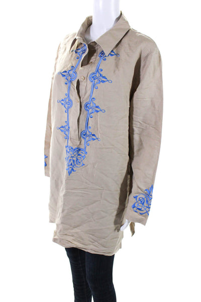 Linea by Louis Dell Olio Womens Embroidered Tunic Shirt Brown Blue Size Large