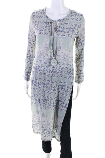 Calypso Saint Barth Womens Long Sleeve Silk Floral Tunic Shirt Gray Blue Size XS