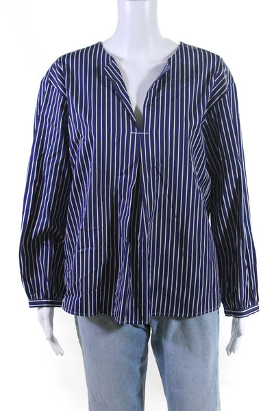 J Crew Women's Cotton Long Sleeve Striped V-Neck Blouse Blue Size M