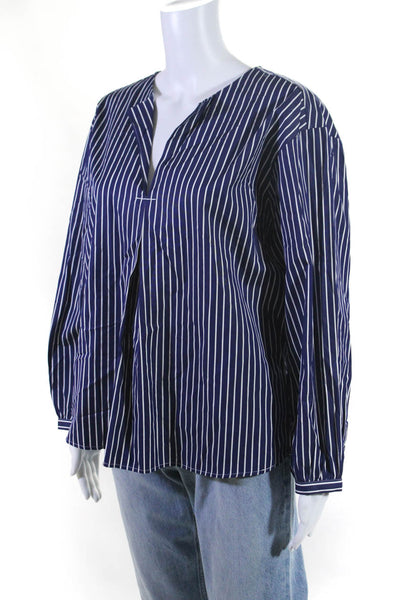 J Crew Women's Cotton Long Sleeve Striped V-Neck Blouse Blue Size M