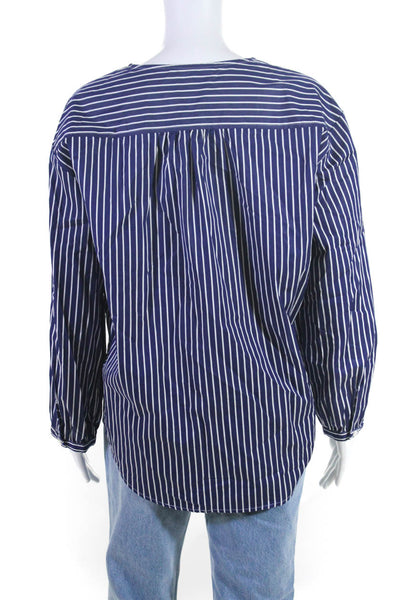 J Crew Women's Cotton Long Sleeve Striped V-Neck Blouse Blue Size M