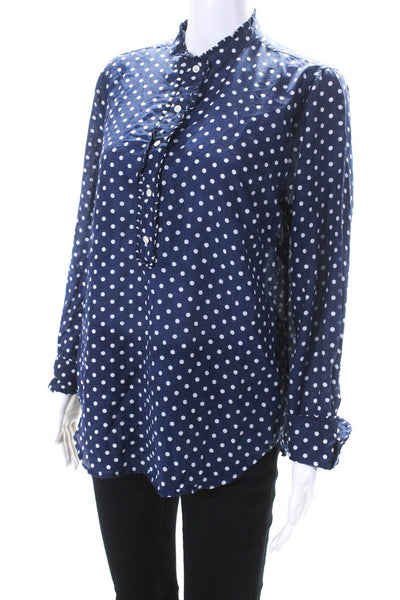 J Crew Women's Polka Dot Long Sleeve Ruffle Trim Blouse Blue Size 12