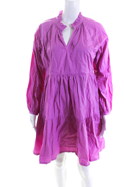J Crew Womens Long Sleeved V Neck Knee Length Pleated Tiered Dress Pink Size S