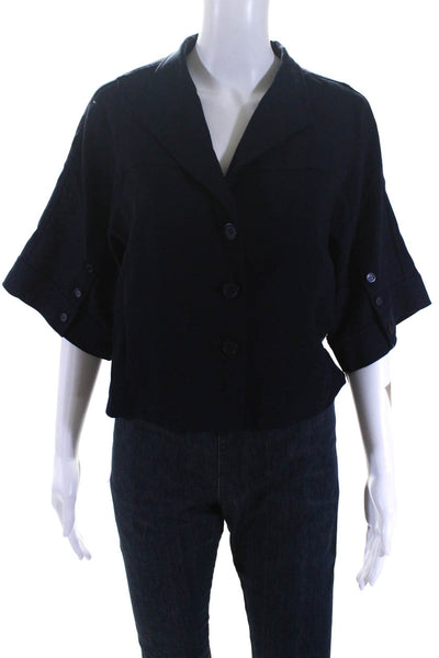 Lie Sangbong Womens Short Sleeved Woven Cropped Buttoned Shirt Dark Blue Size M