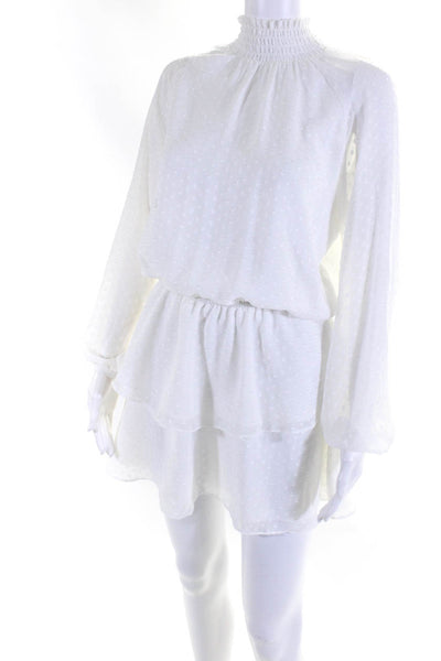 Yumi Kim Womes Polka Dot Smocked Mock Neck Ruffled A-Line Dress White Size XS