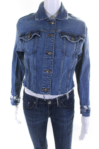 Joes x Taylor Hill Womens Button Up Collared Cut Off Jean Jacket Blue Size XS