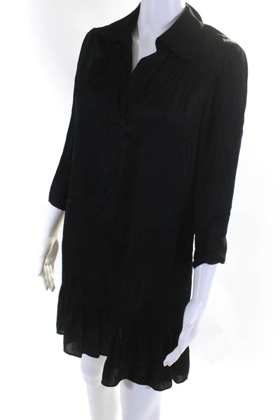 Rachel Zoe Womens Long Sleeve Satin Collared Mini Shirt Dress Black Size 4