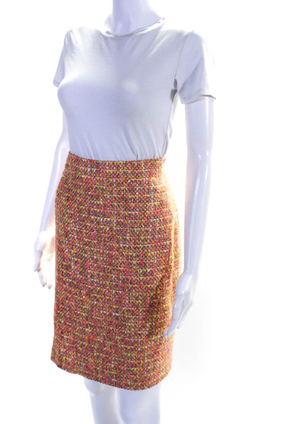 Escada Womens Tweed Metallic Woven Knee Length Pencil Skirt Pink Yellow Size 42