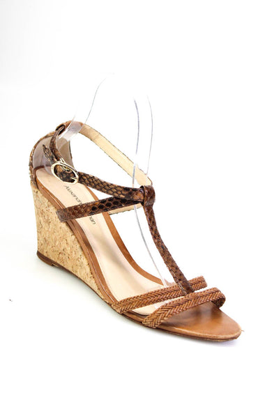 Alexandre Birman Womens Snakeskin Cork Wedge Ankle Strap Sandals Brown Size 8