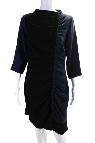 Vika Womens Back Zip 3/4 Sleeve Ruched Sheath Dress Navy Blue Black Size Medium