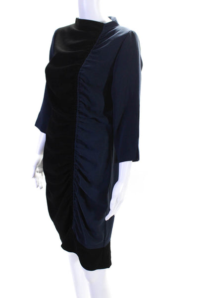 Vika Womens Back Zip 3/4 Sleeve Ruched Sheath Dress Navy Blue Black Size Medium