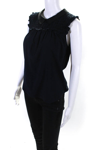 Sandro Womens Smocked Silk Collared Sleeveless Ruffled Blouse Top Blue Size 1
