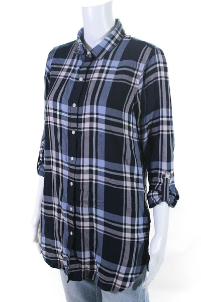 Barbour Womens Button Front Long Sleeve Collared Plaid Shirt Navy Blue Size 4