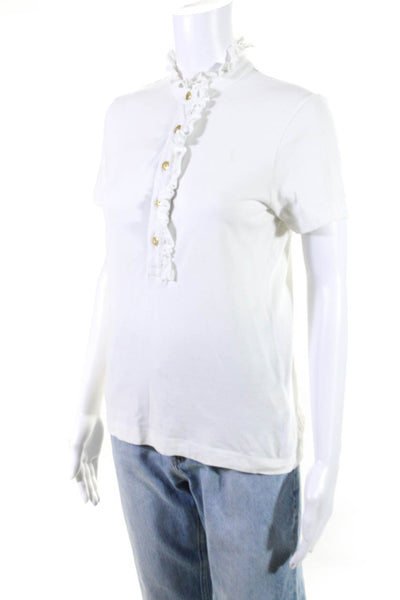 Tory Burch Womens Short Sleeve Ruffled Crew Neck Shirt White Cotton Size Small