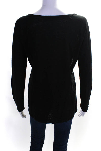 Sandro Womens Long Sleeve Beaded Trim Scoop Neck Tee Shirt Black Linen Size 3