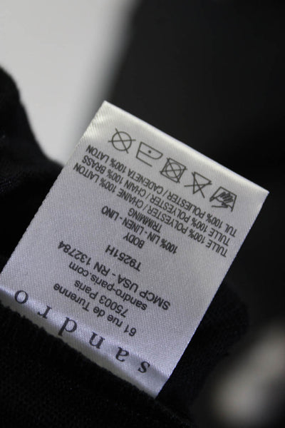 Sandro Womens Long Sleeve Beaded Trim Scoop Neck Tee Shirt Black Linen Size 3