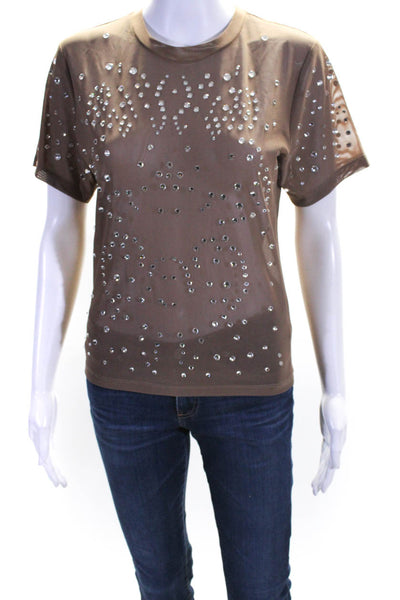 Cynthia Rowley Women's Short Sleeve Embellished Sheer Top Brown Size L