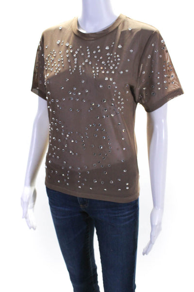 Cynthia Rowley Women's Short Sleeve Embellished Sheer Top Brown Size L