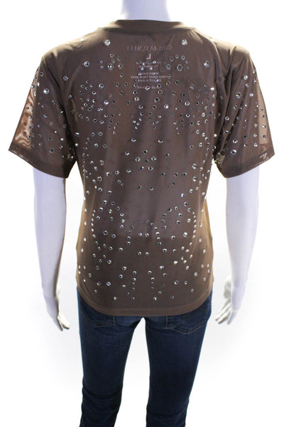 Cynthia Rowley Women's Short Sleeve Embellished Sheer Top Brown Size L