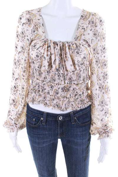 Free People Womens Paisley Square Neck Shirred Long Sleeved Blouse Beige Size M