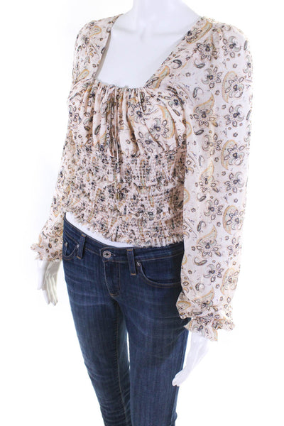 Free People Womens Paisley Square Neck Shirred Long Sleeved Blouse Beige Size M