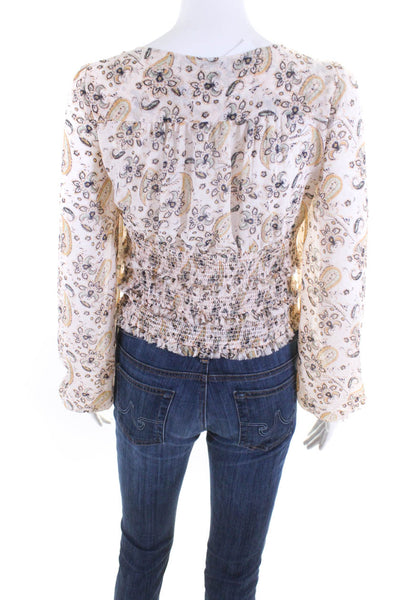 Free People Womens Paisley Square Neck Shirred Long Sleeved Blouse Beige Size M