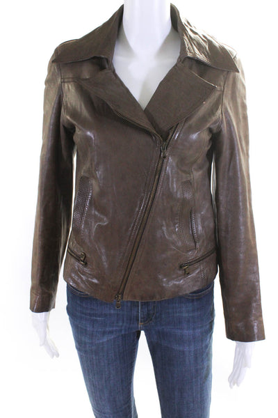 Vera Pelle Womens Notched Collar Asymmetrical Leather Jacket Brown Size IT 42