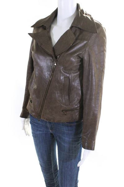 Vera Pelle Womens Notched Collar Asymmetrical Leather Jacket Brown Size IT 42