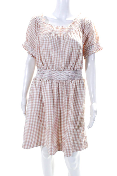 J Crew Womens Smocked Gingham Off Shoulder Mini A Line Dress Beige Size Large