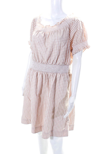 J Crew Womens Smocked Gingham Off Shoulder Mini A Line Dress Beige Size Large