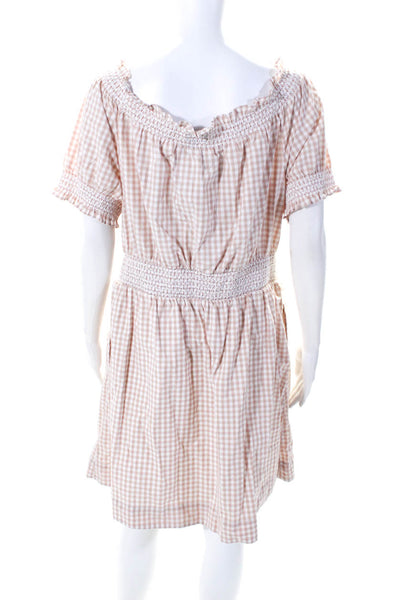 J Crew Womens Smocked Gingham Off Shoulder Mini A Line Dress Beige Size Large