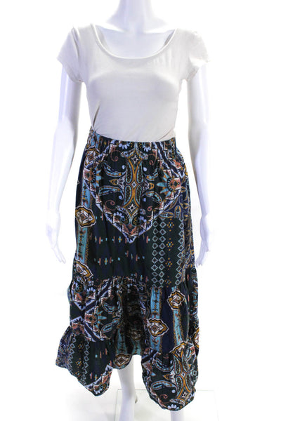 Cara Cara Women's Cotton Abstract Print Gathered A-Line Skirt Blue Size S